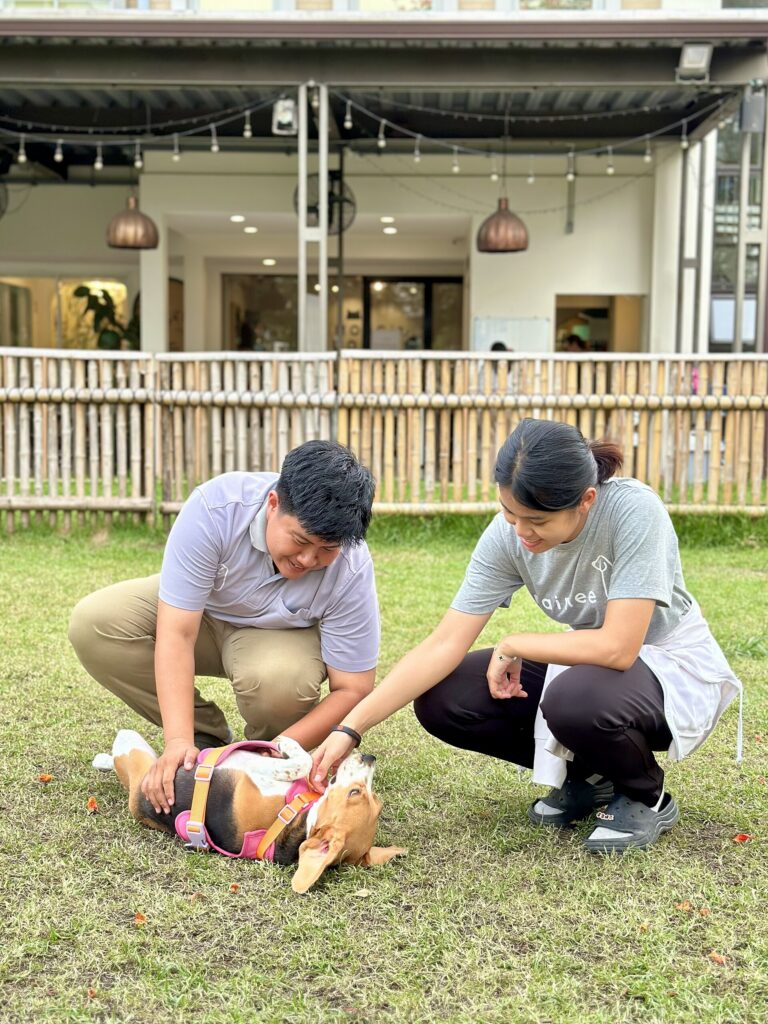 Two people patting a friendly beagle at an outdoor dog event