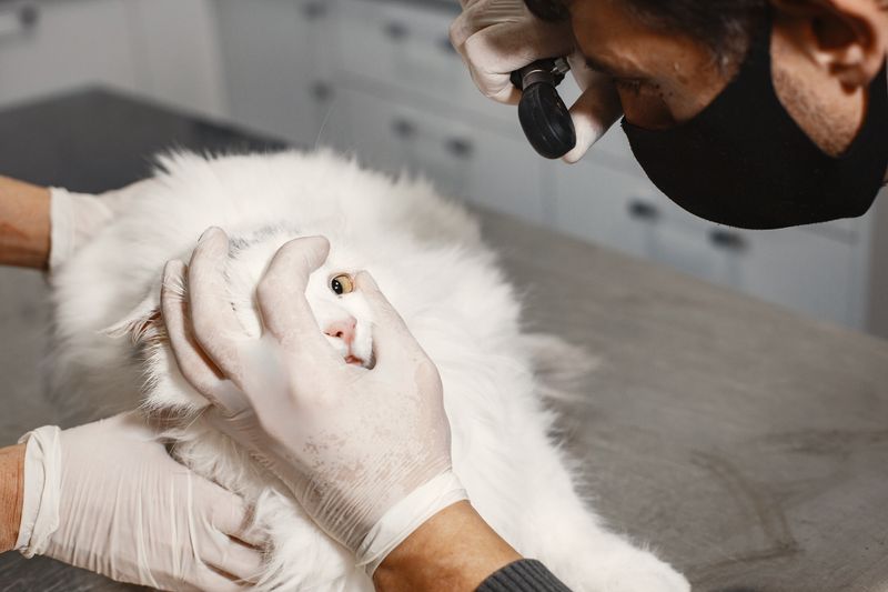 Veterinarian examining a white cat during a routine winter health check in Australia