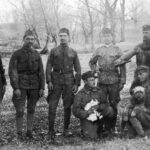 Military, tableau, men, uniform, smoking, dog, cat, fun, soldier Fortepan 22785